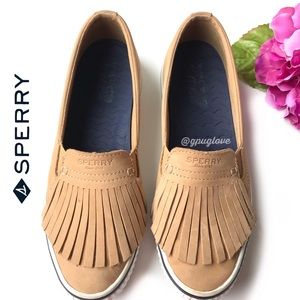 SPERRY TOPSIDER Tan Leather Fringe Slip on Boat Shoes 8